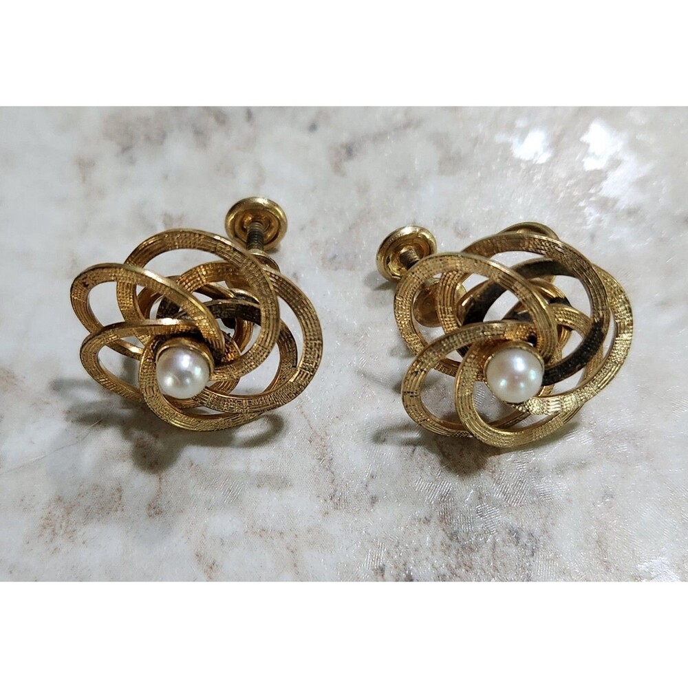 Vintage Carl Art 12K Gold Filled Floral and Faux Pearl Screw Back Earrings Set